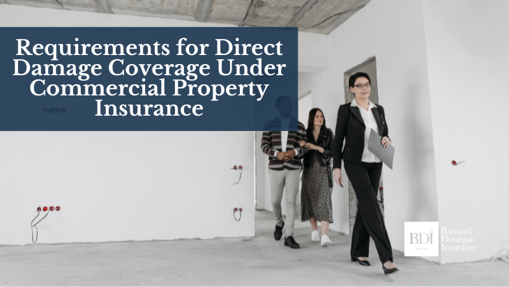 A commercial real estate team inspects a partially renovated office space, with a professional woman leading the group. Overlay text reads “Requirements for Direct Damage Coverage Under Commercial Property Insurance” with the Barnard Donegan Insurance logo in the corner.